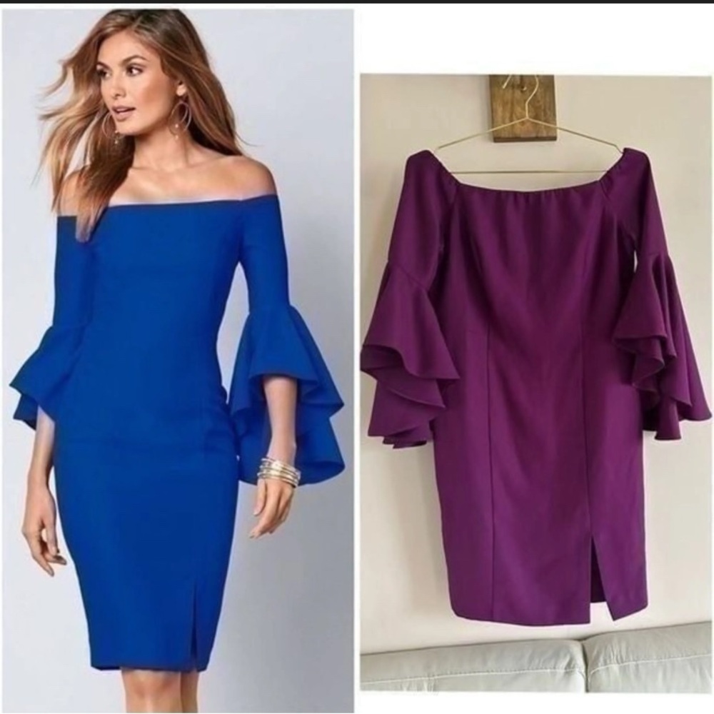 Venus Off The Shoulder Purple Cocktail Dress with dramatic sleeves, Size 12